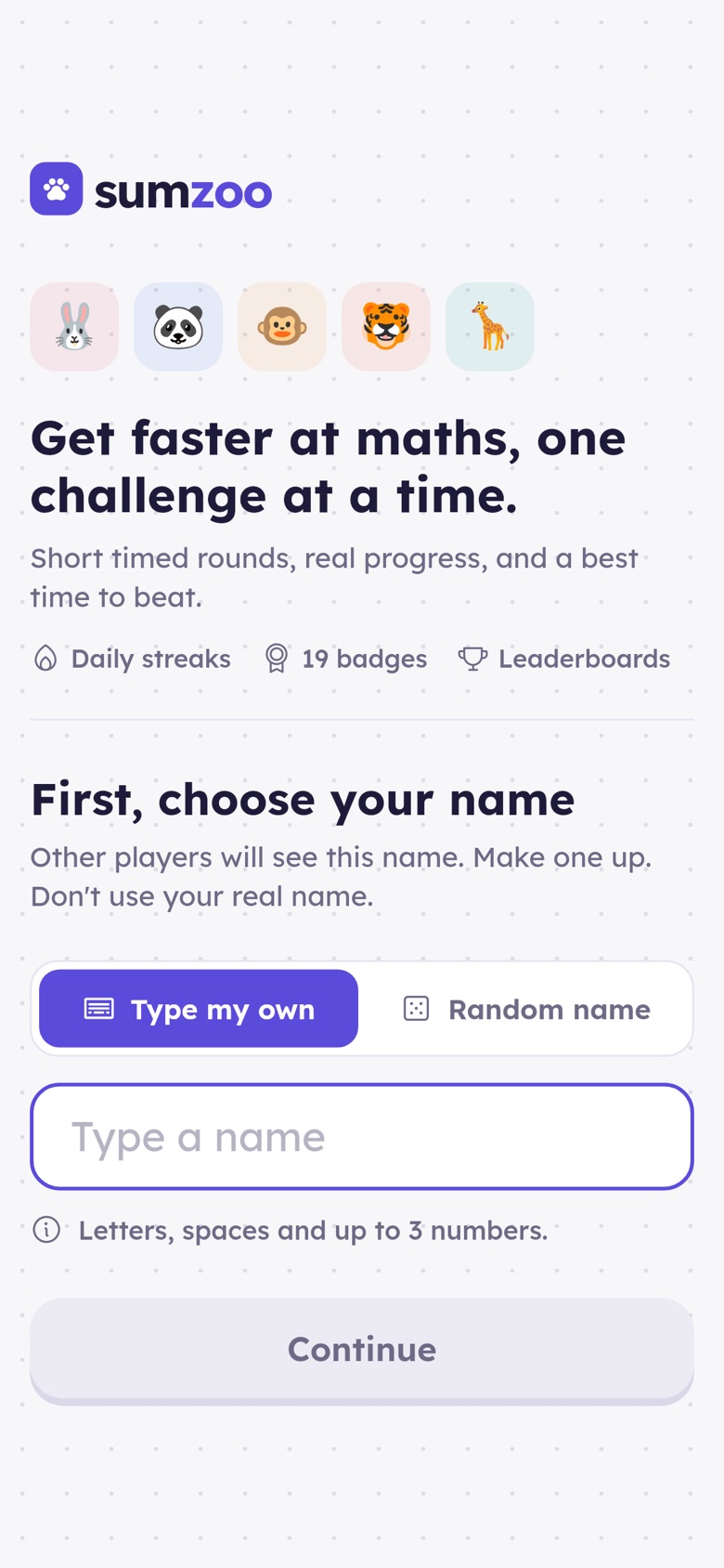 Sumzoo welcome screen: get faster at maths, one challenge at a time, then choose a nickname