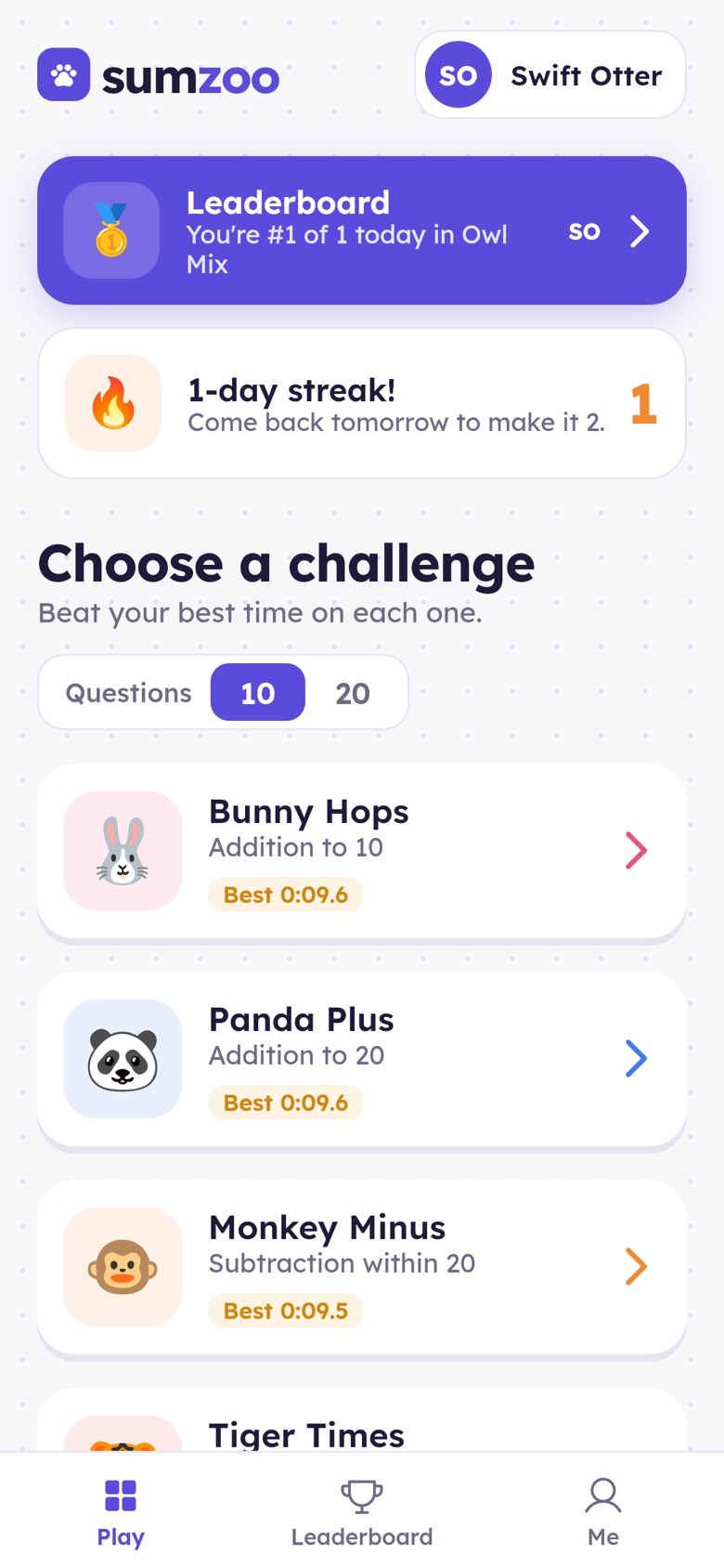 Sumzoo home screen with the leaderboard card, a daily streak and the list of challenges