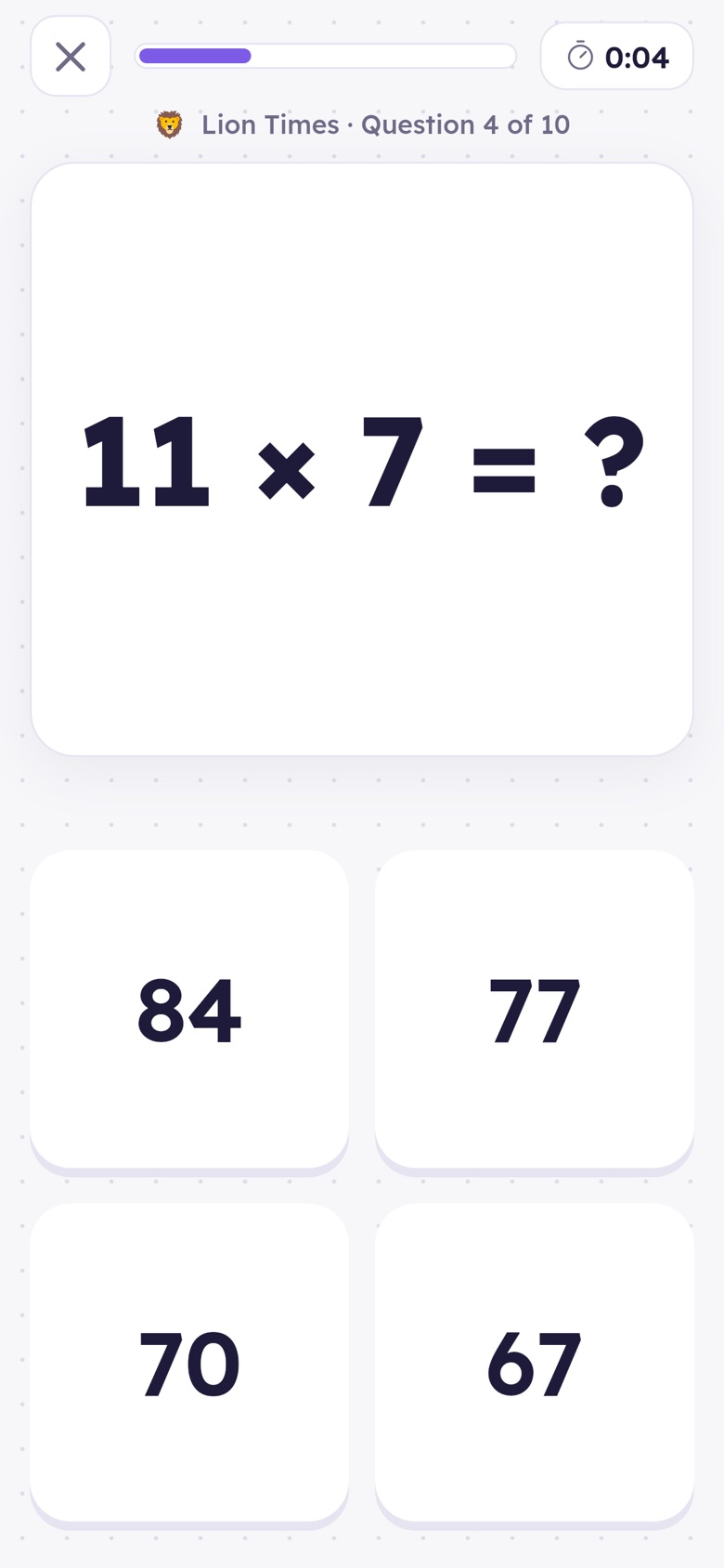 A Sumzoo question, 11 times 7, with four answer choices and a timer