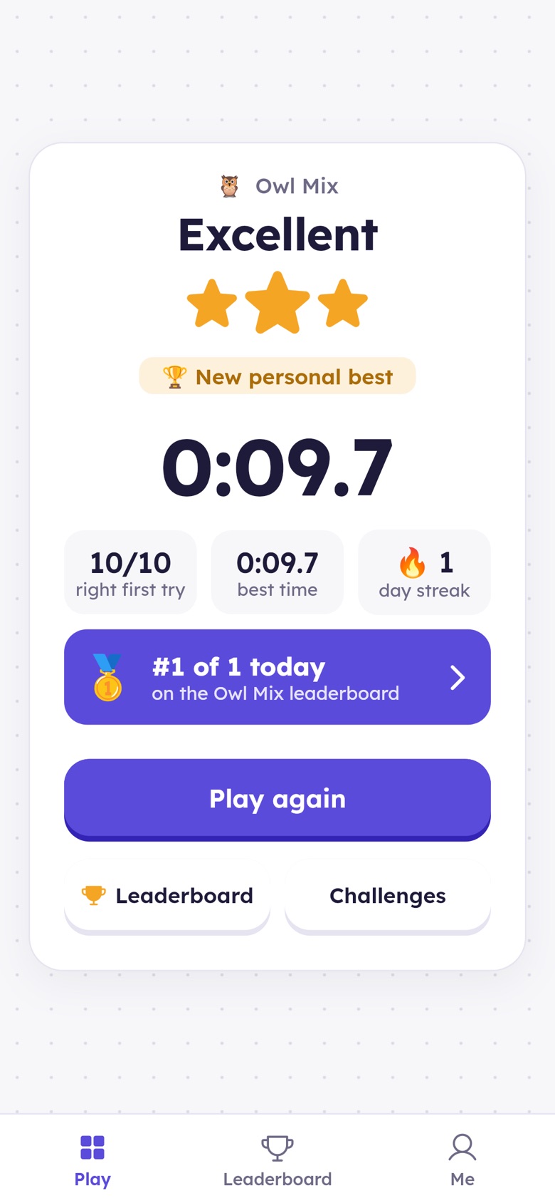 Sumzoo results: three stars, a new personal best and first place on today's leaderboard
