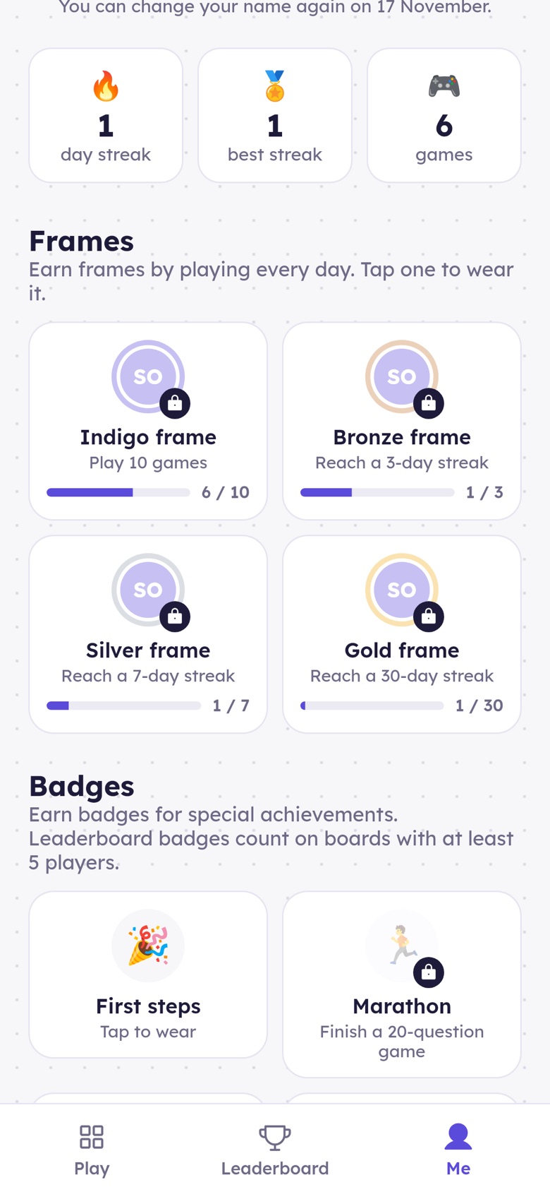 Sumzoo player page showing streaks, frames to earn and badges